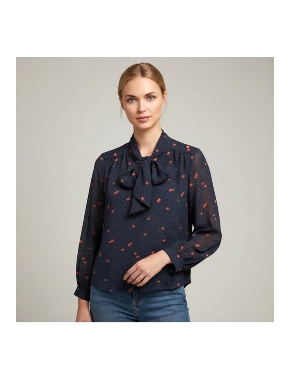 Banana Republic Navy Floral Tie Neck Blouse Sheer Romantic Boho Size Size S